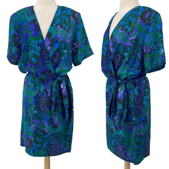 Vintage 80s Silk Faux Wrap Abstract Printed Mini Dress Blue Green NEW Womens 10 - Picture 1 of 9